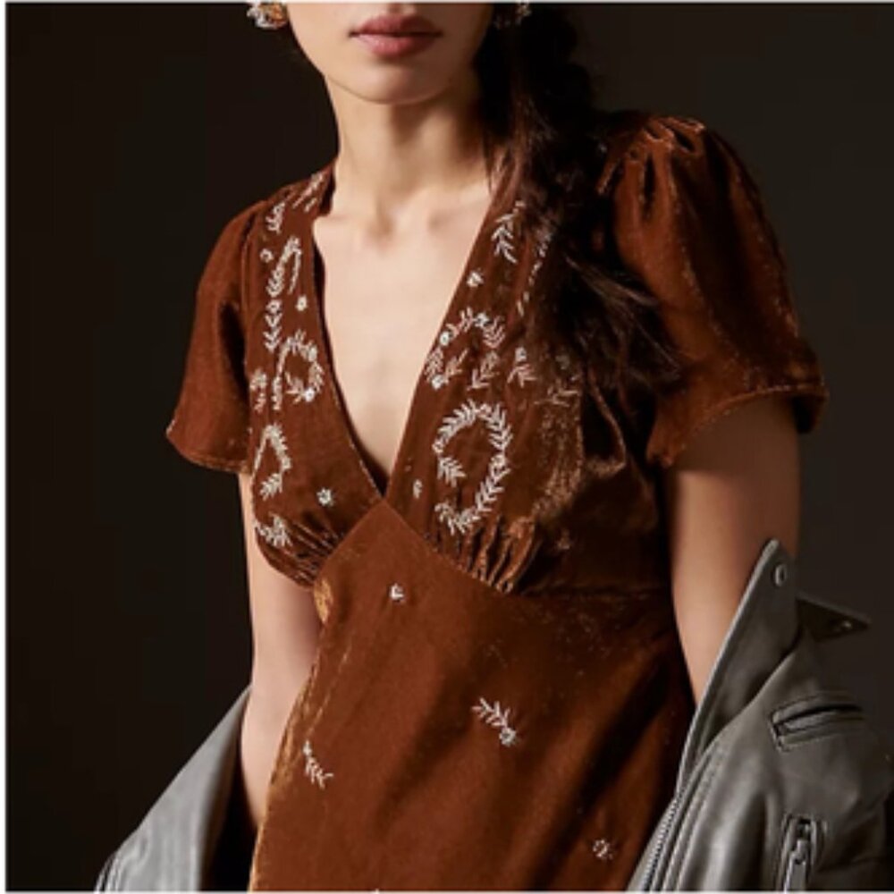 Let Me Be Velvet Embroidered Fall Dress – Anthropologie – Size S